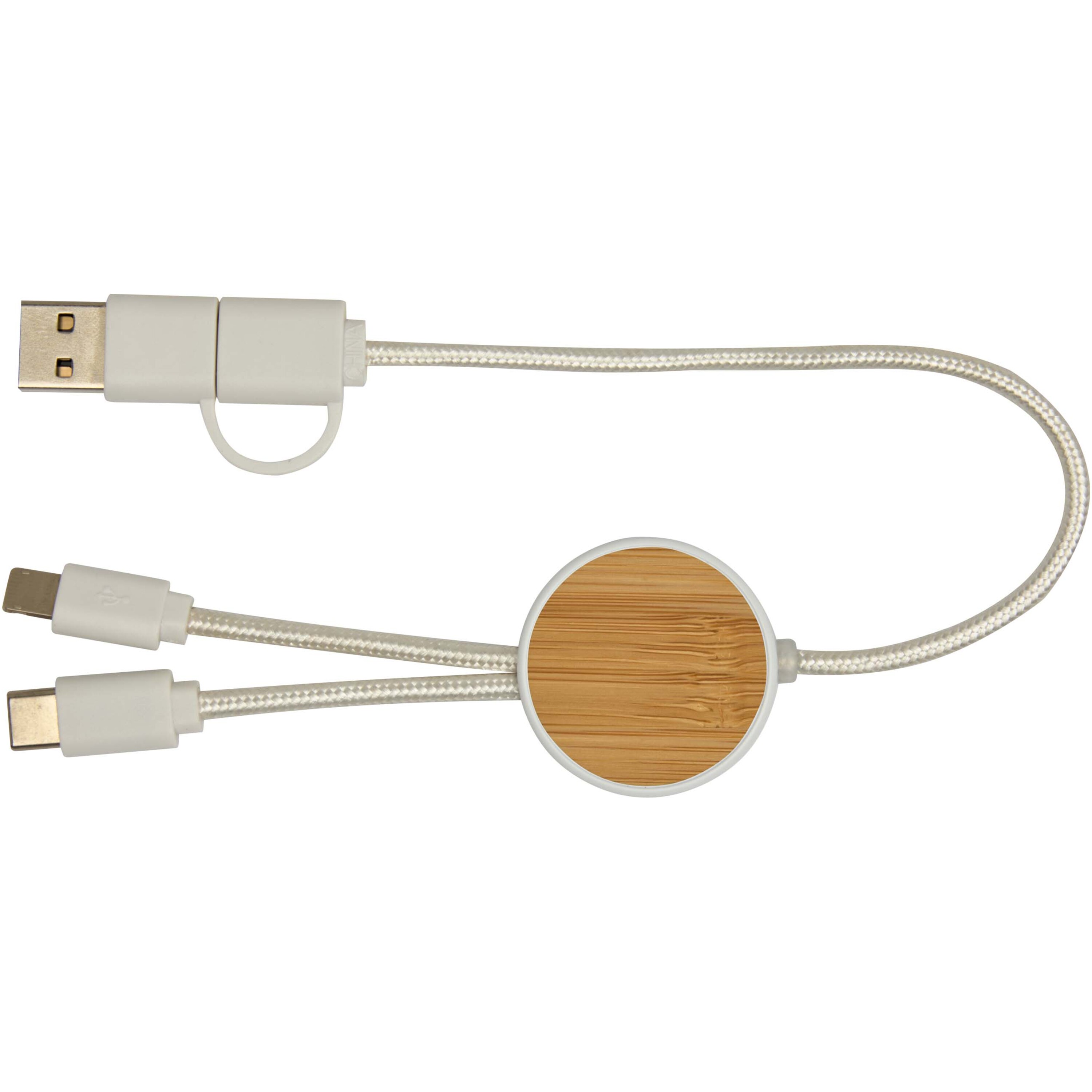 PF Concept 124421 - Câble 5 en 1 Chechia en plastique recyclé de 30 cm pour la synchronisation des données et la charge rapide de 27 W avec détails en bambou