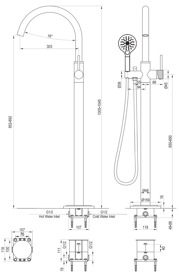 Brauer Gunmetal Carving vrijstaande badmengkraan met 3 standen handdouche gunmetal geborsteld PVD