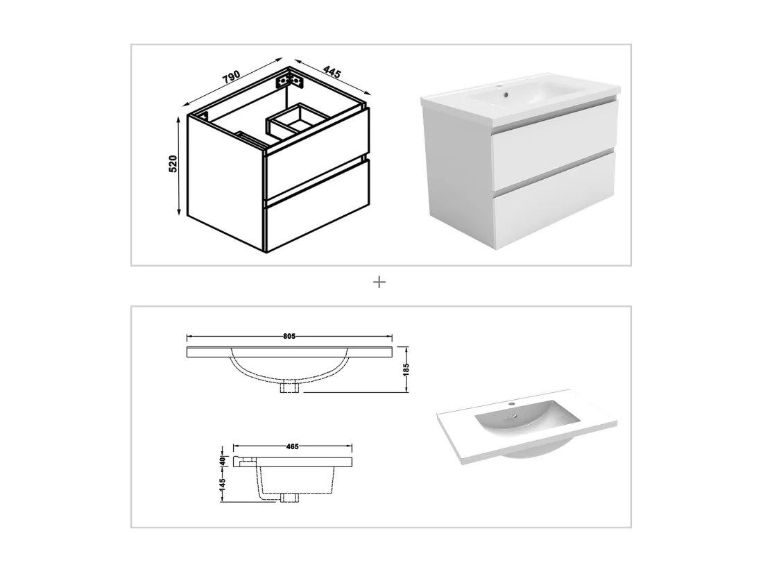 Meuble salle de Bain 80cm avec colonne + miroir 3 couleurs blanc