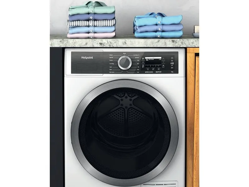 Hotpoint H8 D94WB EU, Fritstående, Front-læsning, Varmepumpe, Hvid, Dreje, Berøring, Højre
