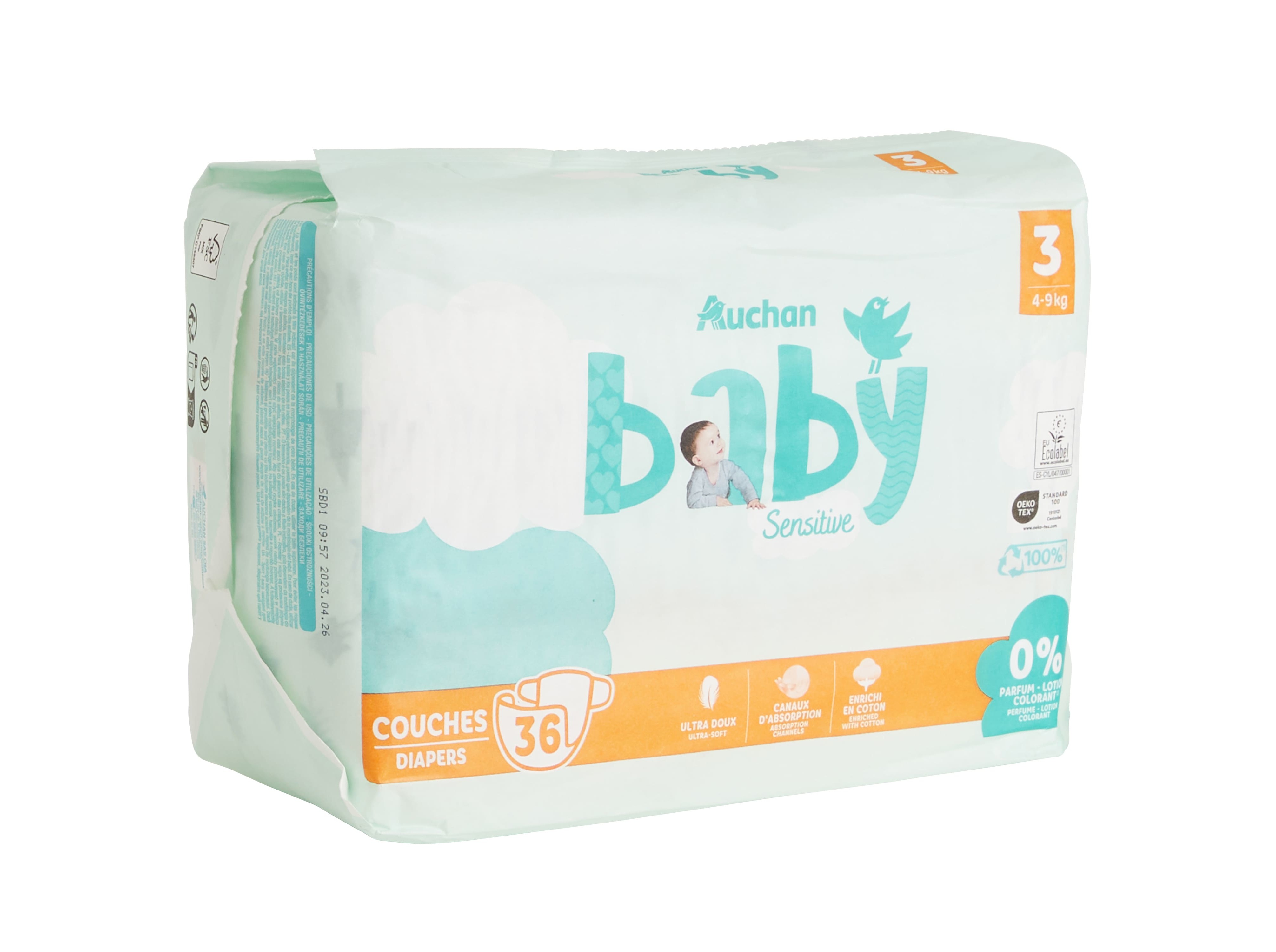 FRALDAS AUCHAN BABY SENSITIVE ECOLÓGICAS TAMANHO 3 4-9KG 36UN