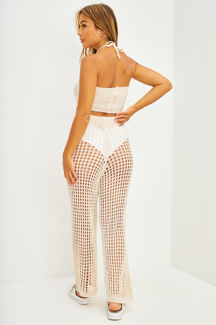 Ensemble top bandeau + pantalon en maille ajourée beige