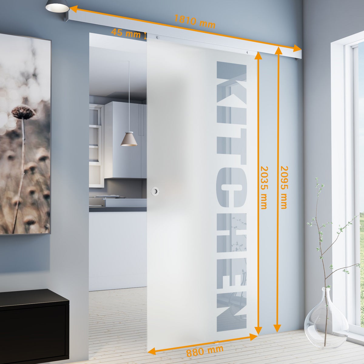 Schuifdeur, binnendeur, glazen schuifdeur KEUKEN 880x2035 - verzonken greep + 2-zijdige softclose