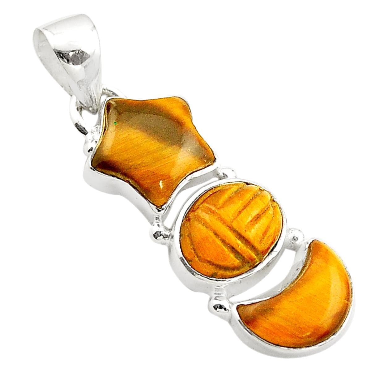 Pendentif en argent étoile lune oeil de tigre marron + chaine 2,7cm gxi164