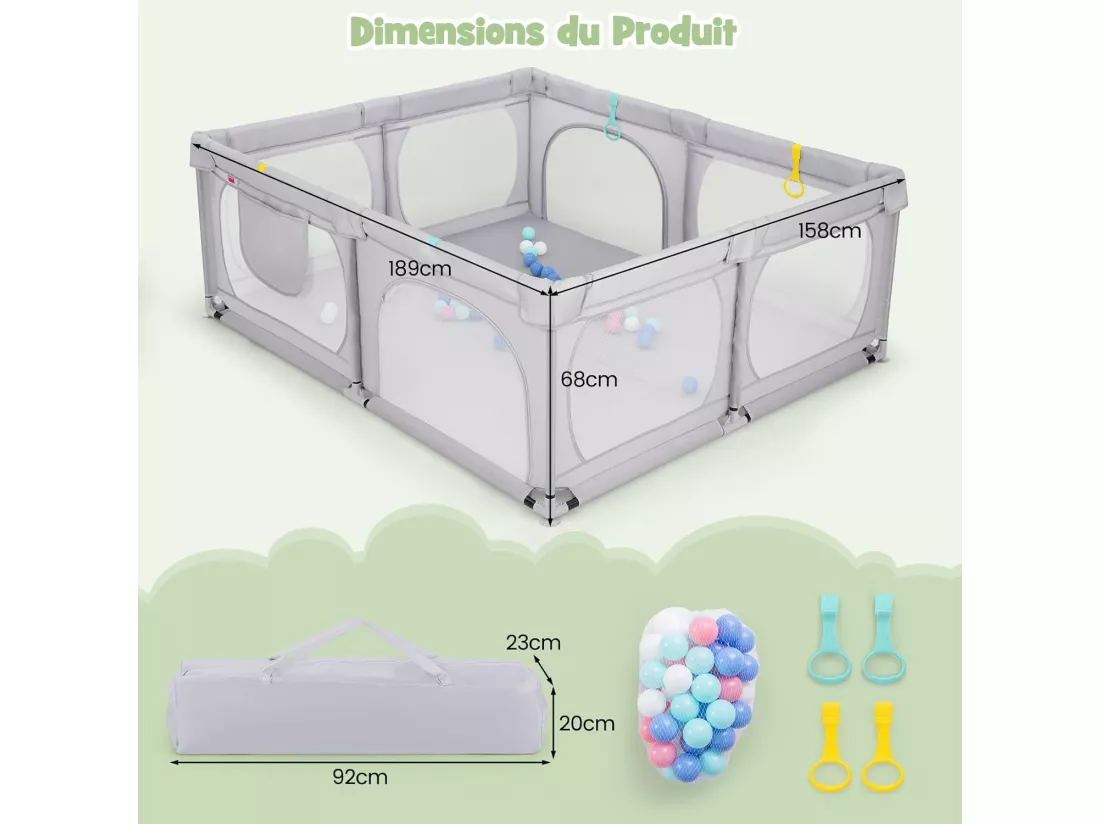 Grand Parc pour Bébé avec 50 Balles Océaniques, Clôture pour Tout-Petits avec 4 Anneaux à Main, Centre d'Activités pour Bébé avec Maille Respirante, 189 x 158 x 68 CM (Gris Clair)