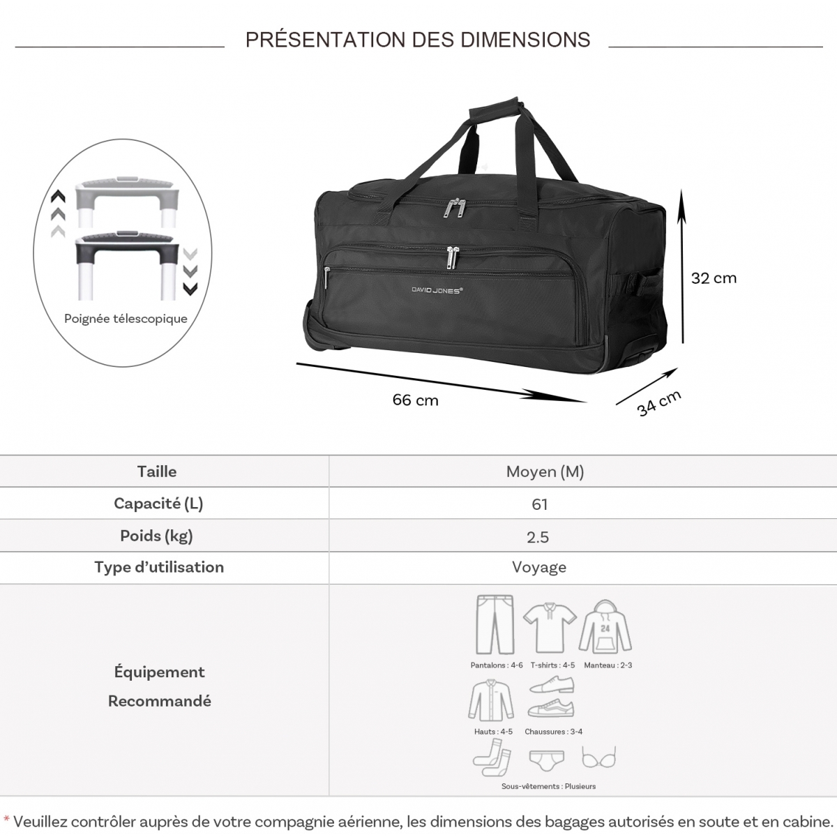 David Jones Sac de voyage avec roulettes 61L David Jones polyester taille M 66cm