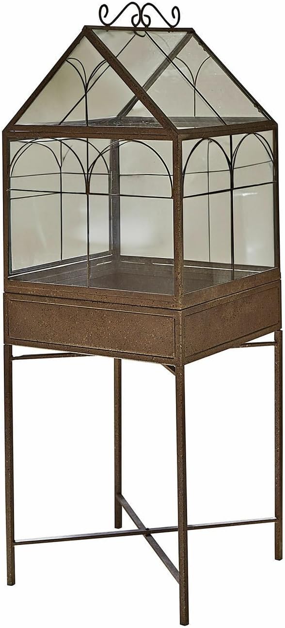 Loberon Gewächshaus Fixerno, Charmantes Antik-Finish, Lichtdurchlässige Einsätze, Nostalgisches Design, Perfekter Pflanzenschutz, Pflanztisch, Eisen, PVC, antikbraun