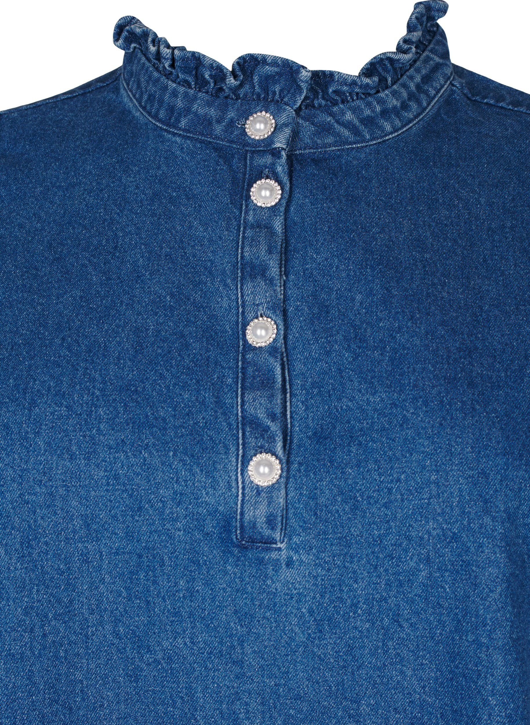 Denimkjole med flæser og a-snit
