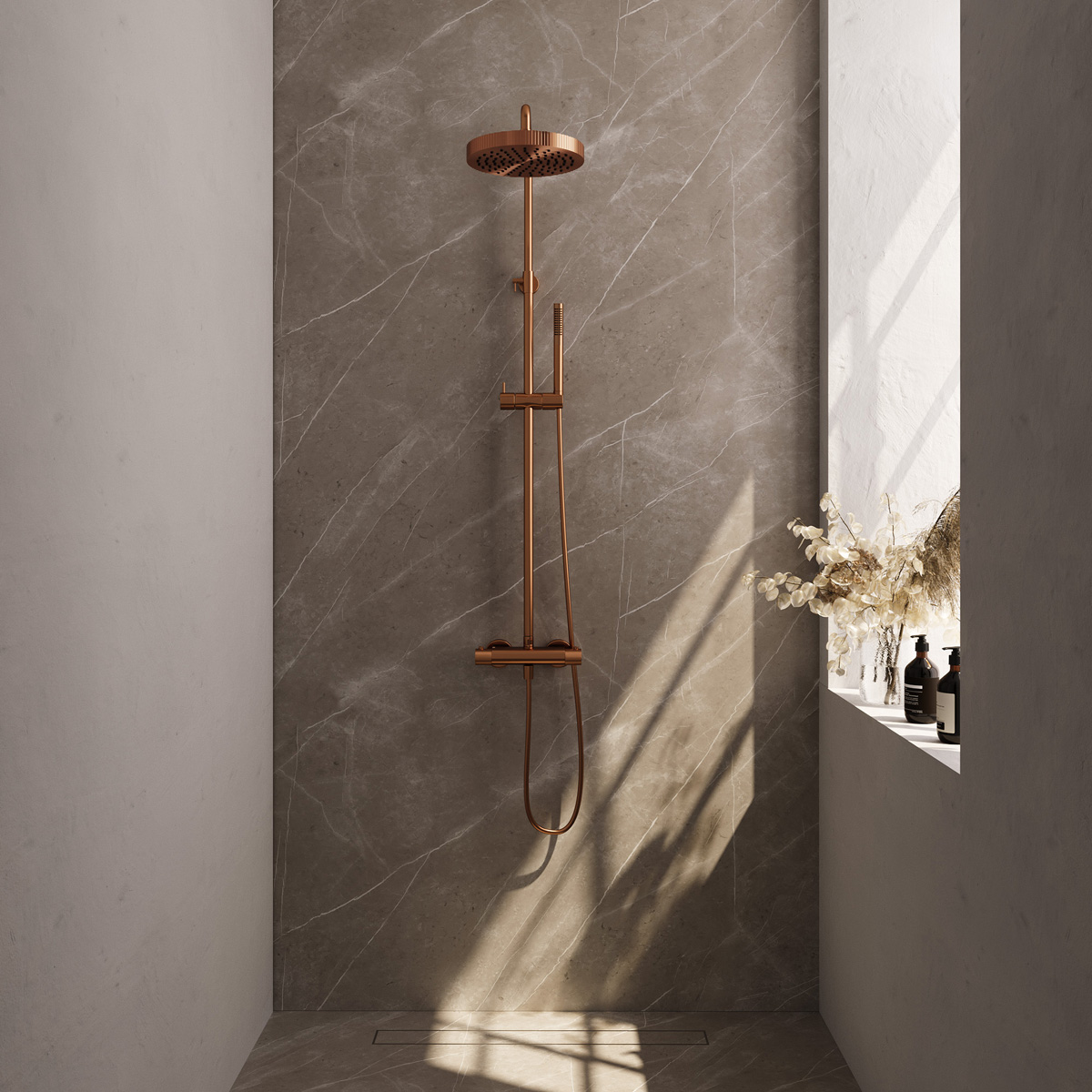 Brauer Stripe opbouw regendouche met 25cm hoofddouche en staafhanddouche koper geborsteld PVD