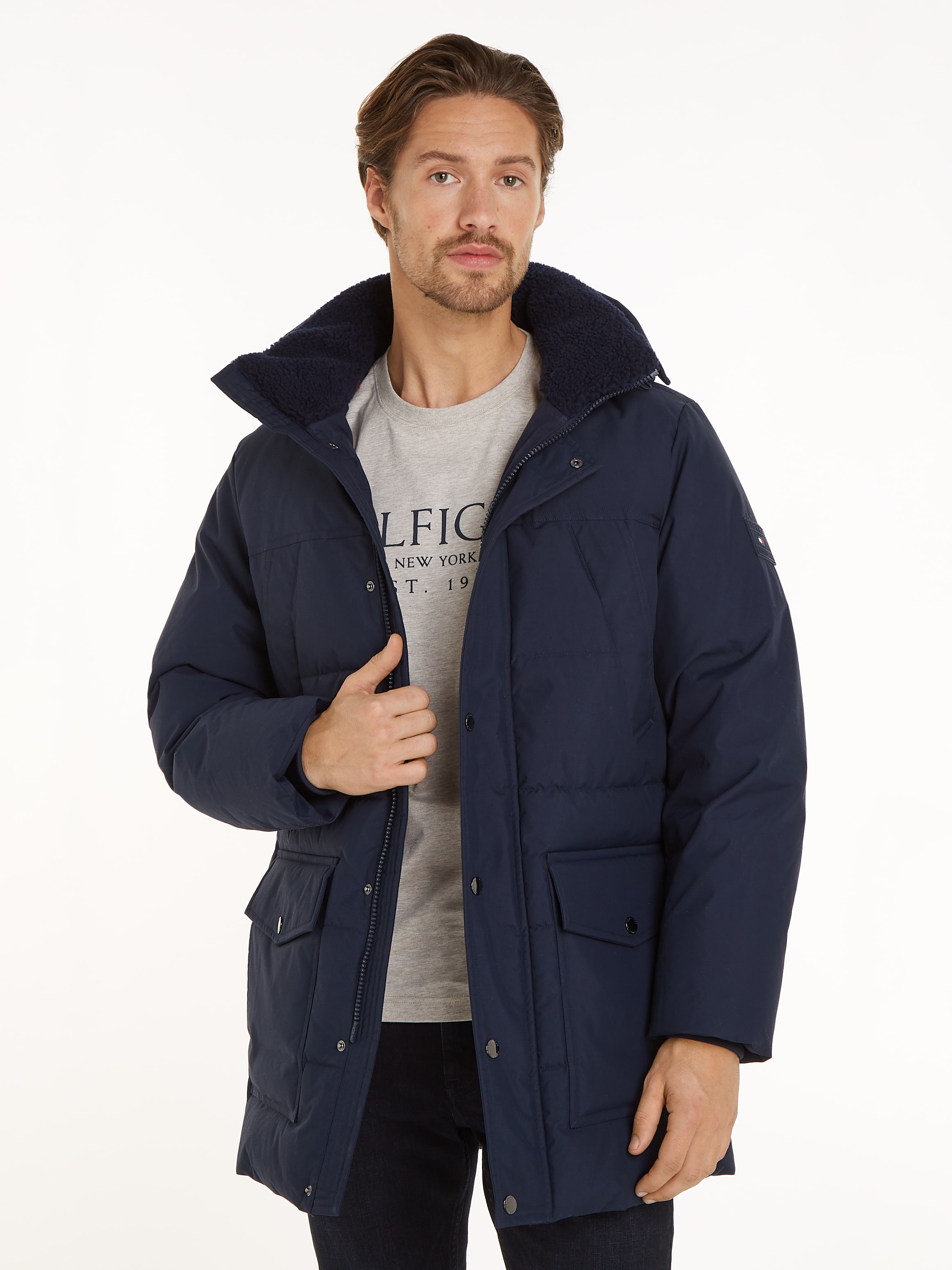 Tommy Hilfiger Parka »ROCKIE UTILITY PARKA« mit Kapuze Winterjacke, Outdoorjacke hoch geschlossen, Stehakragen mit Fellimitat