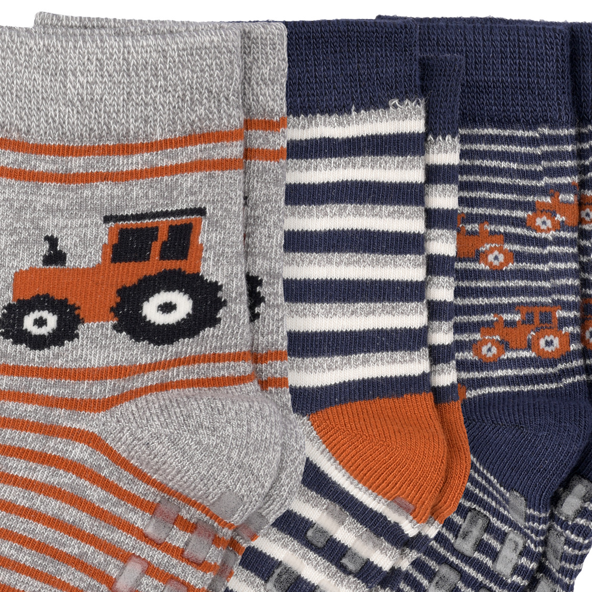 3 Paar Baby Stoppersocken mit Treckern hellgrau / dunkelblau / hellbraun