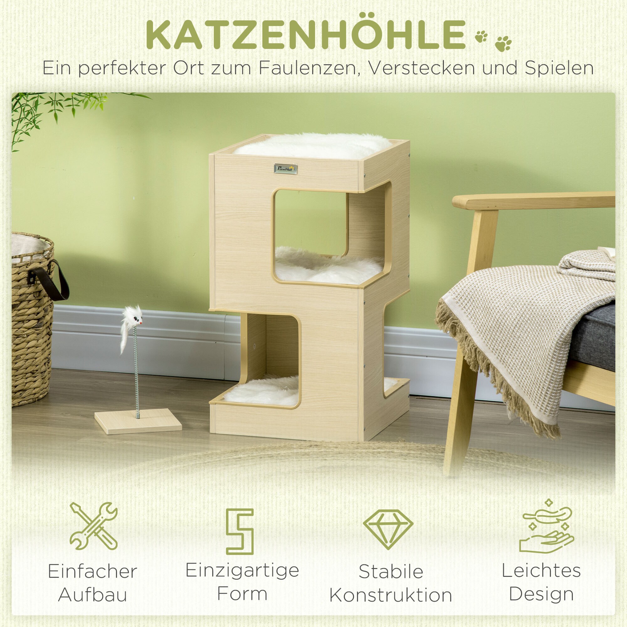 PawHut Katzenhaus mit Kissen natur 34L x 34B x 60H cm
