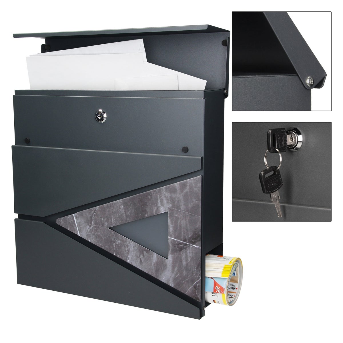 ML-Design Brievenbus 37x36,5x11 cm Antraciet/Zwart Marmerlook, Staal, Brievenbus met krantenvak, Slot, 2 sleutels, Moderne Design Wandbrievenbus met krantenrol, Brievenbus voor Wandmontage