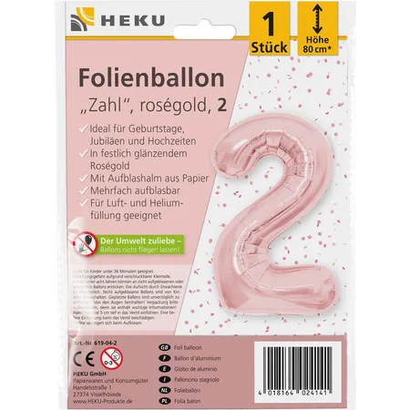 HEKU Folienballon Zahl 2, roségold, mit Aufblashalm, Höhe 80cm