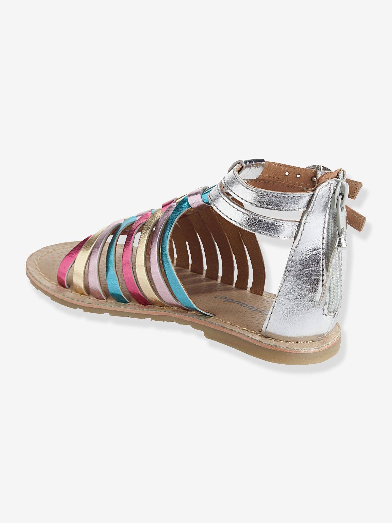 Sandálias de couro prateadas e multicoloridas para meninas