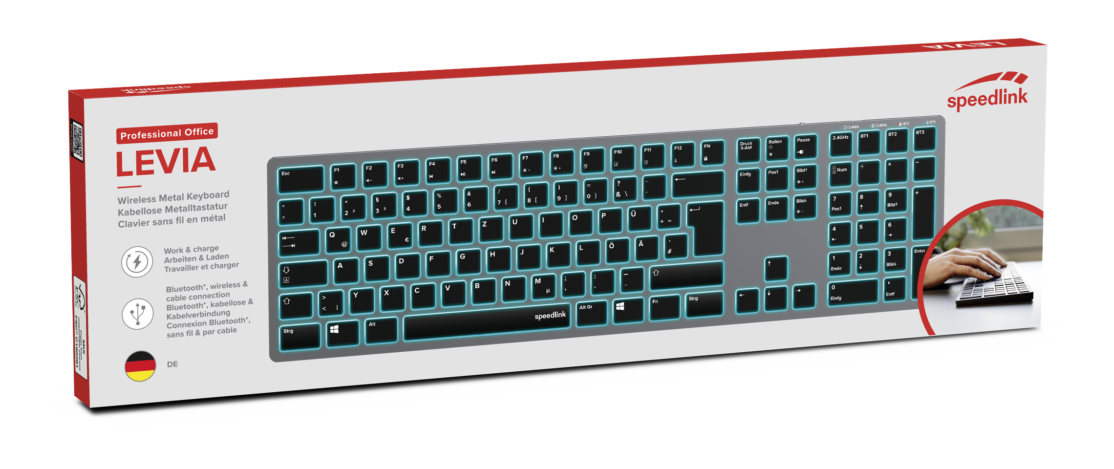 Speedlink - LEVIA Illuminated Rechargeable Metal Office Scissor Keyboard - Wireless, Bluetooth, grey - DE Layout