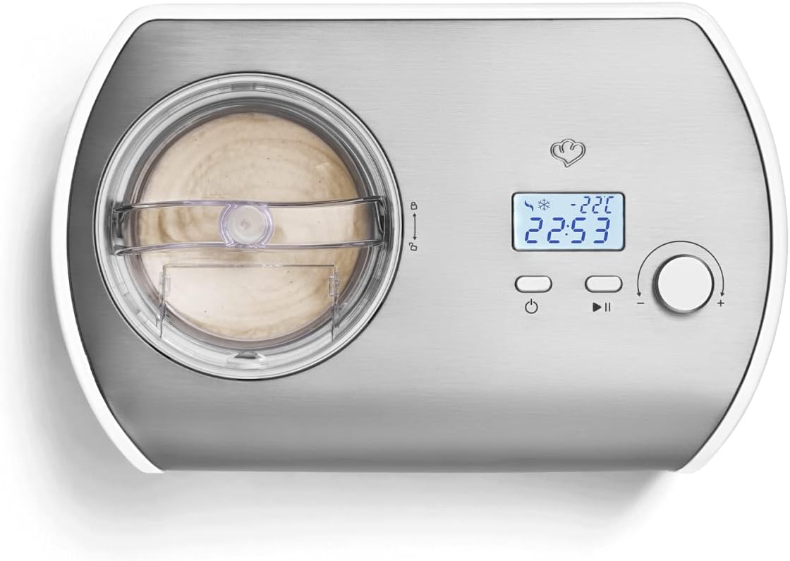 SPRINGLANE Eismaschine Elli 1,2 L mit selbstkühlendem Kompressor 135 W inkl. Aufbewahrungsbehälter 2er-Set, Eiscrememaschine aus Edelstahl mit entnehmbarem Eisbehälter, inkl. Rezeptheft