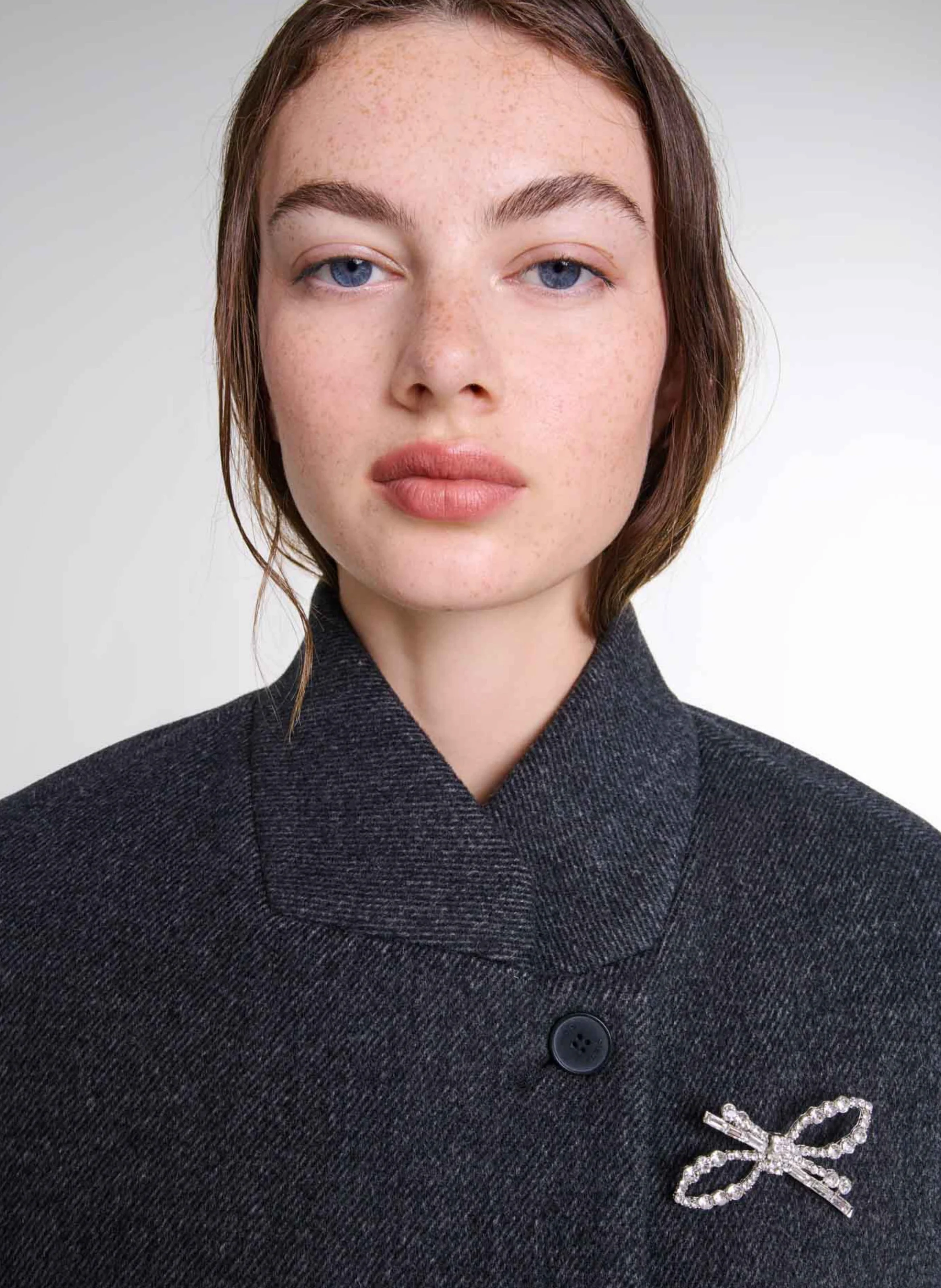 Manteau droit col montant en laine mélangée | Gris