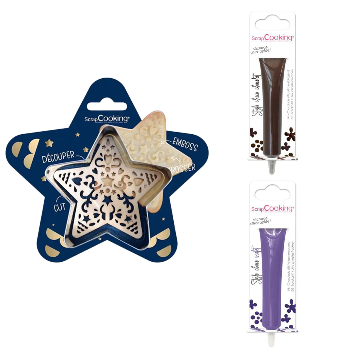 Kit pour biscuit en relief Étoile + 2 Stylos au chocolat marron et vio