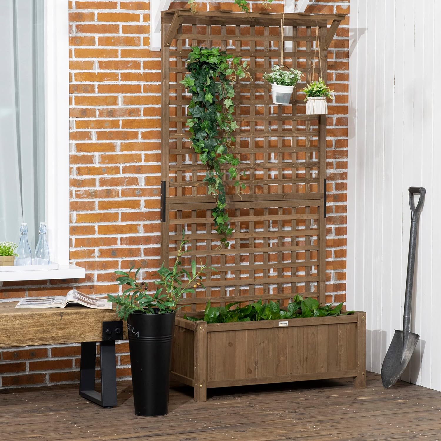 Outsunny Hochbeet Pflanzkasten mit Rankgitter, Spalier Pflanzkübel Blumenkasten Holz, Gartenspalier 90 x 45 x 183cm für Garten Balkon Terrasse, Blumenkübel für Kletterpflanzen Korbpflanzen, Blumen