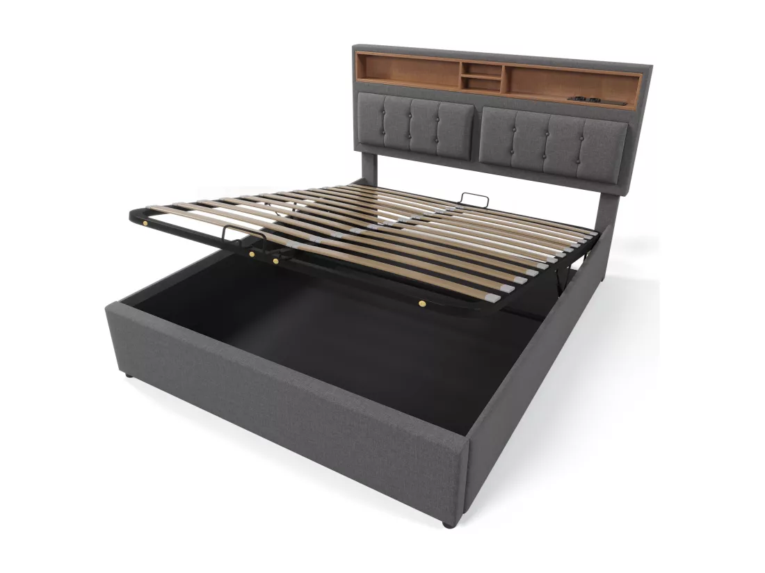 Lit coffre 140 x 200 cm avec tête de lit rangement - prise USB & C - tissu en lin - gris