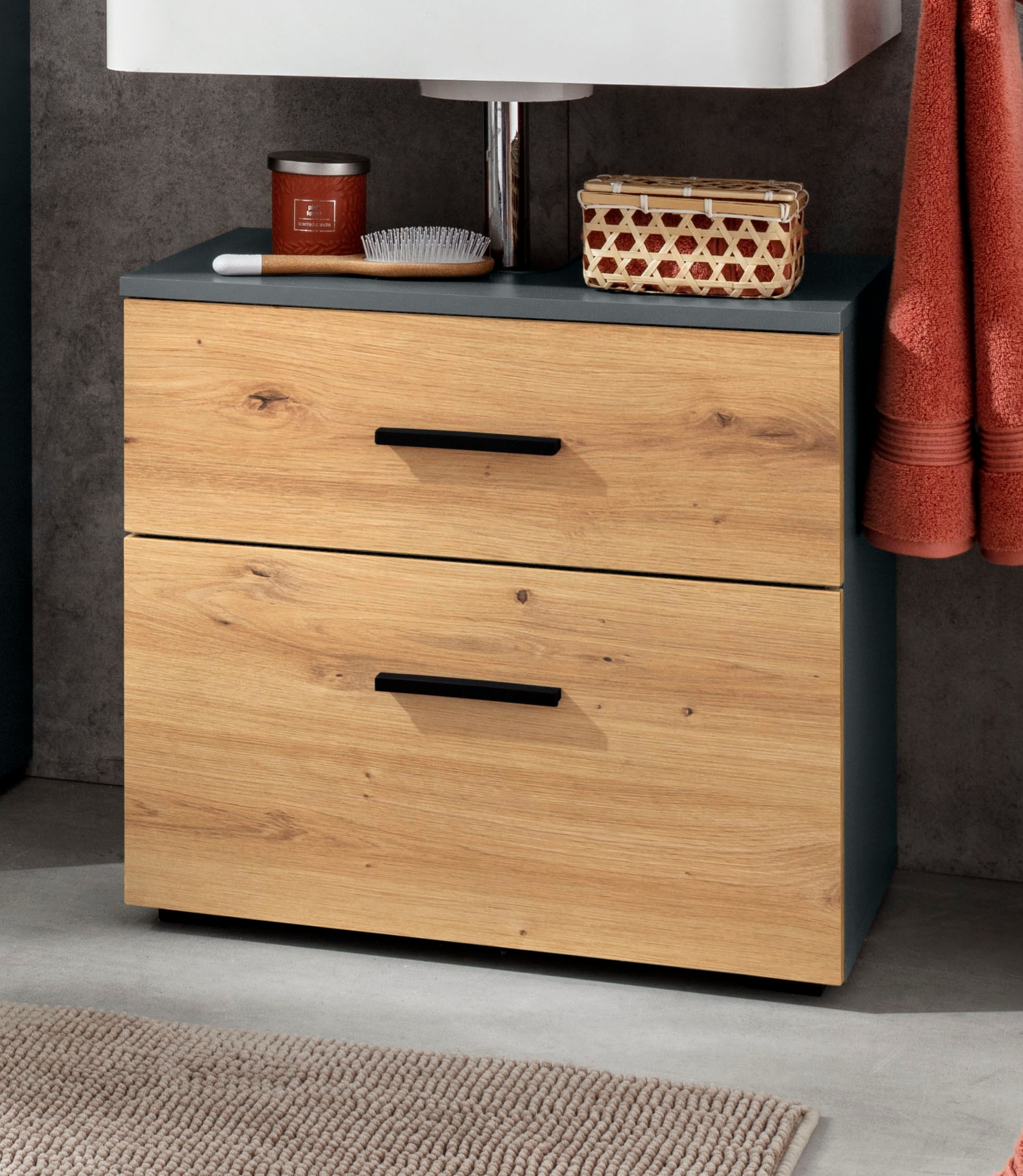 INOSIGN Waschbeckenunterschrank »Skara« mit Klappe und Schubkasten, schwarze Griffe, Breite 60 cm, Höhe 55 cm
