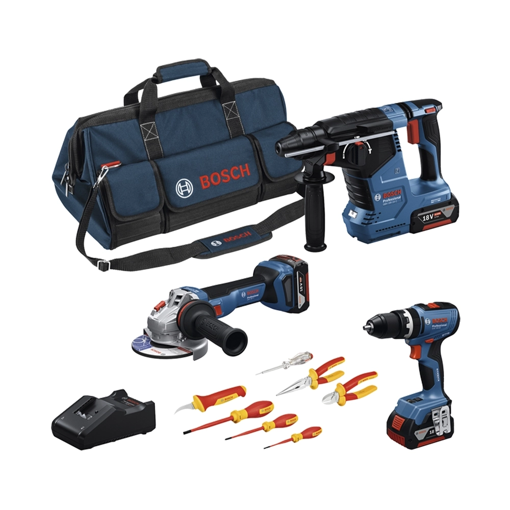Bosch 3-Tool Set GSB 18V-65 / GWS 18V-11 / GBH 18V-24 C / 3x Akku GBA 18V 5.0Ah inkl. VDE-Handwerkzeug und Tasche