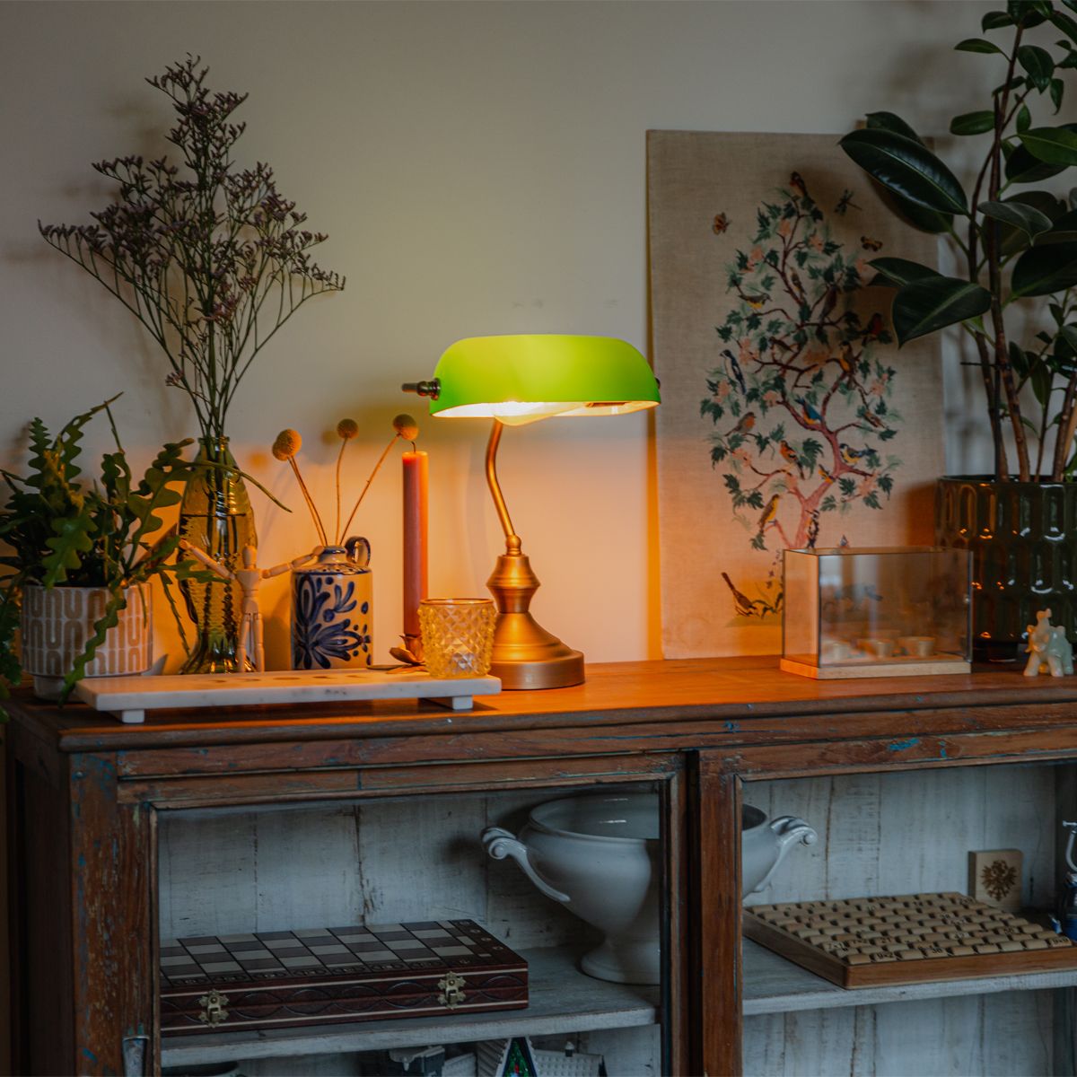 Klassieke tafellamp/notarislamp brons met groen glas - Banker