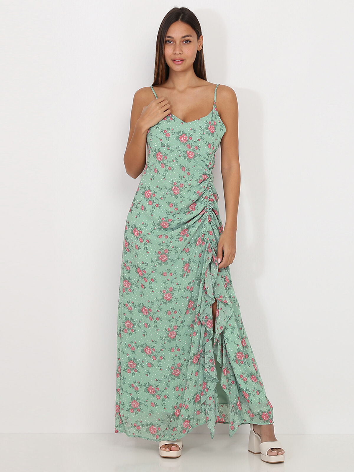Robe longue à volants et imprimé floral- Vert