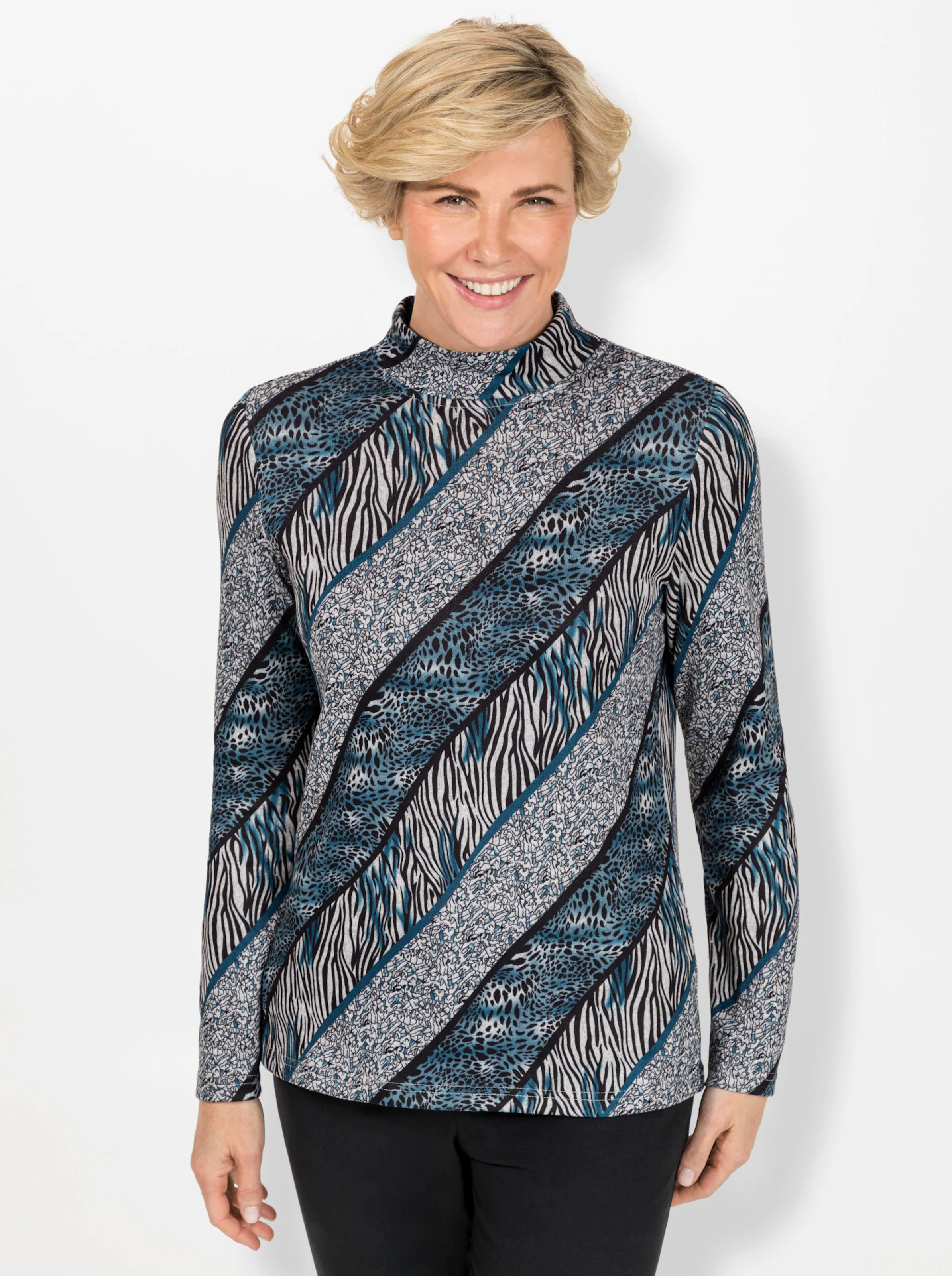 Langarmshirt in aquapetrol-schwarz-bedruckt