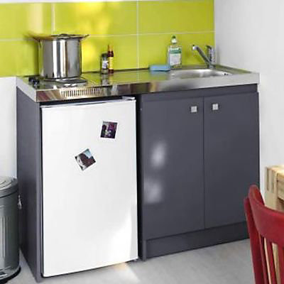 Kitchenette Simply grise, caisson + plan de travail + évier + frigo + plaque électrique