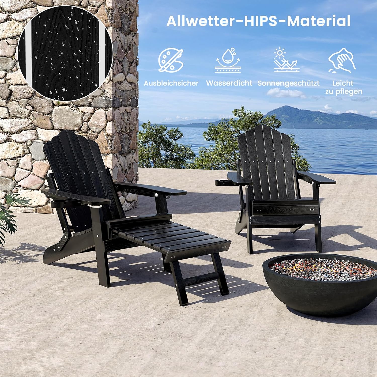 COSTWAY Klappbarer Adirondack Stuhl mit Fußstütze & Verstellbarer Rückenlehne, wetterfester Adirondack Chair aus Kunststoff, Gartensessel mit Getränkehalter für Garten, Terrasse, 180 kg Tragfähigkeit