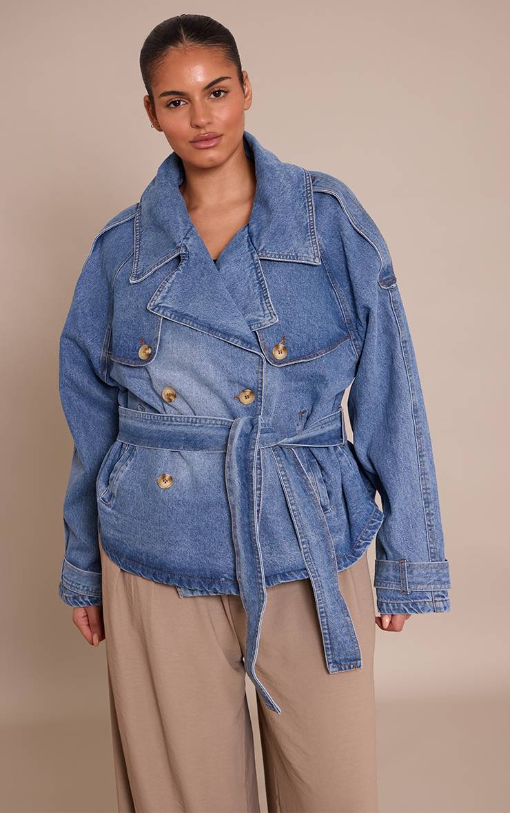 Vintage Mid Wash Trench Court En Jean Avec Ceinture Et Détails Boutonnés Grande Taille