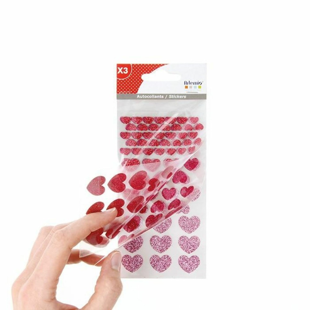 348 stickers coeurs à paillettes roses