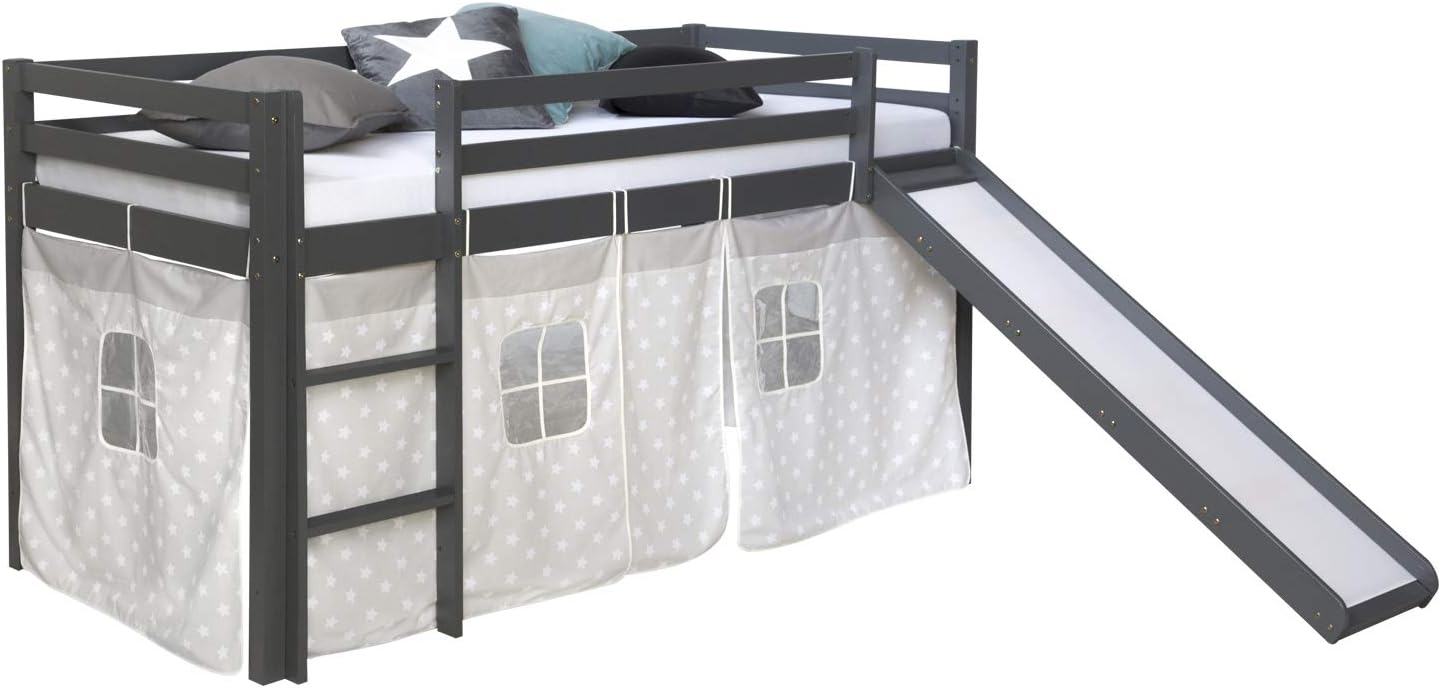 Homestyle4u Kinderbett Hochbett 90x200 Grau mit Rutsche & Leiter, Kinderhochbett stabil aus Massivholz Kiefer, Vorhang mit Sternen, Etagenbett Kinderzimmer | Artikel 1871