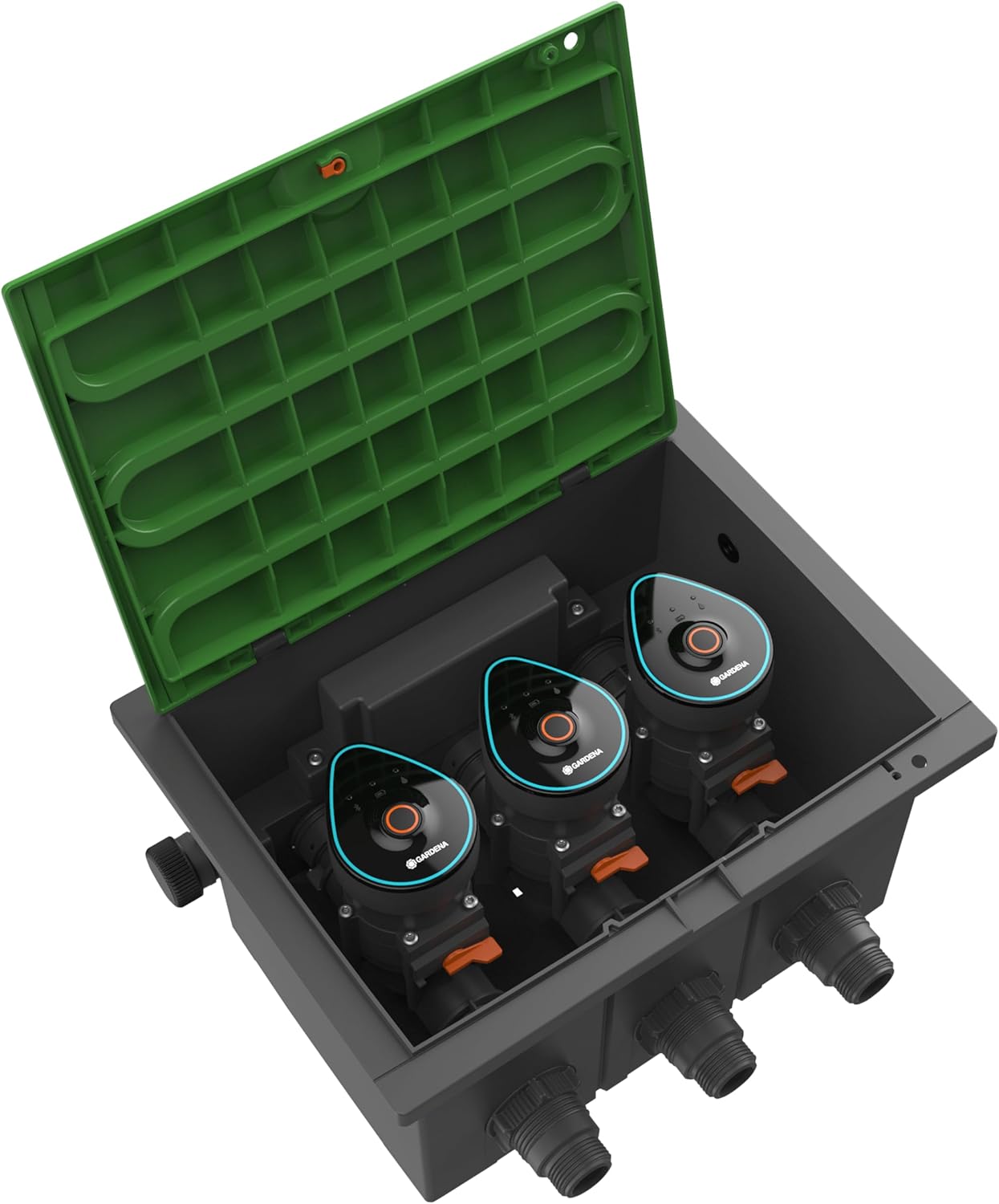 Gardena Ventilbox 9 V Bluetooth-Set: Bodeneinbaudose für den unterirdischen Einbau von batteriebetriebenen Bewässerungsventilen, programmierbar per App (1286-20)