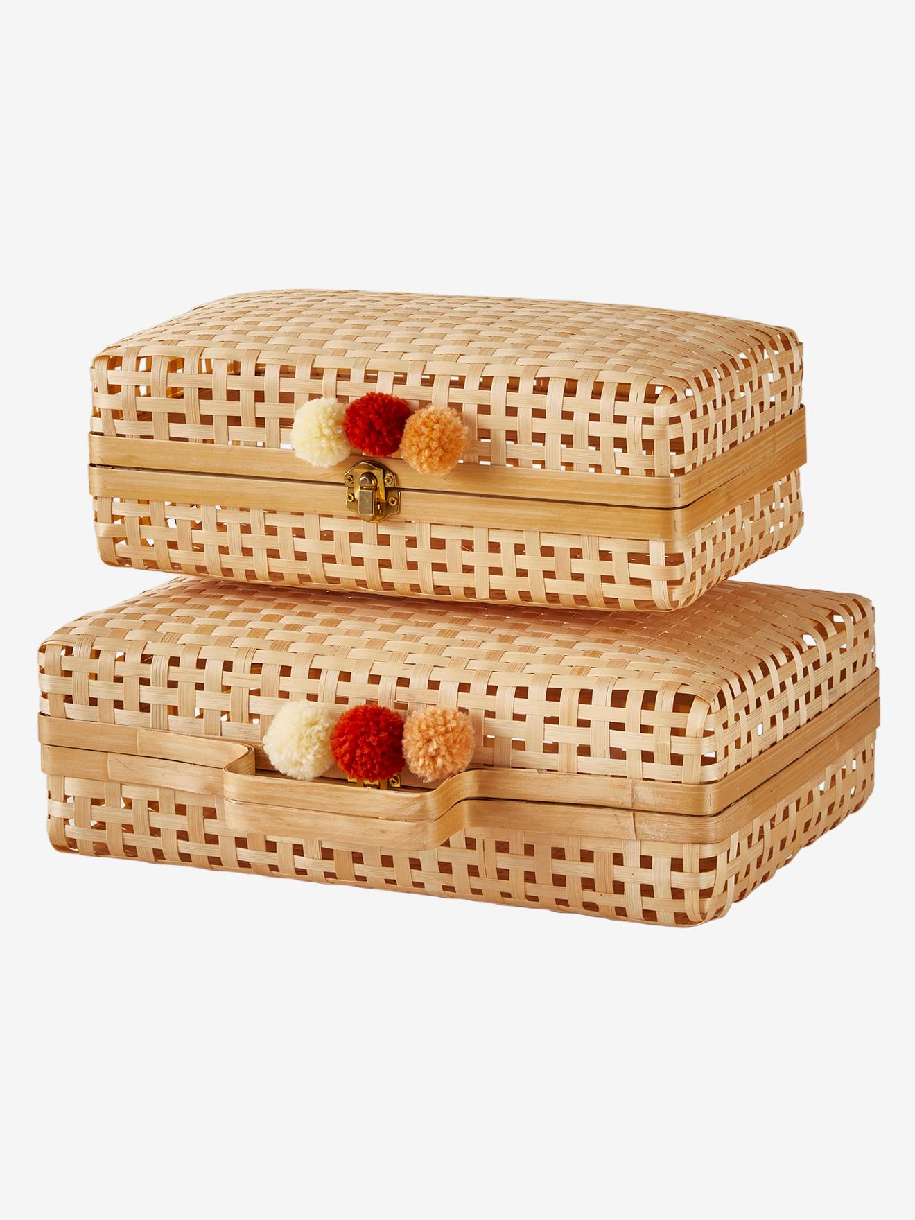 Conjunto de 2 pastas médias lisas de bambu bege com motivos decorativos.