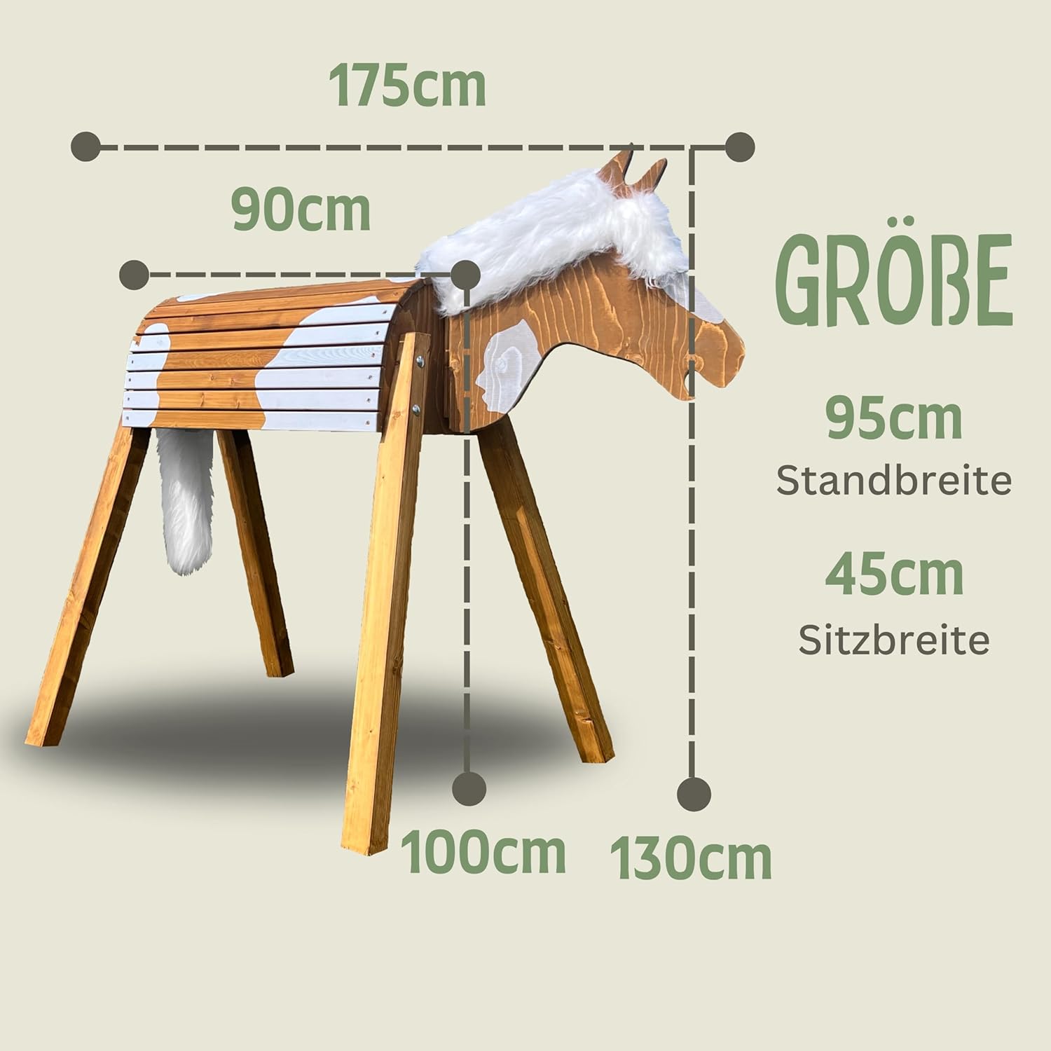 Holzpferd Tobiano 100cm für draußen Reitpferd Garten Voltigierbock für Kinder, Stehpferd groß, Gartenpferd handgefertigt aus Deutschland, Voltigierpferd Holzpony mit Mähne
