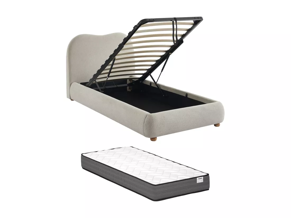 Lit coffre 90 x 190 cm - Tissu - Beige + Matelas - VANARI