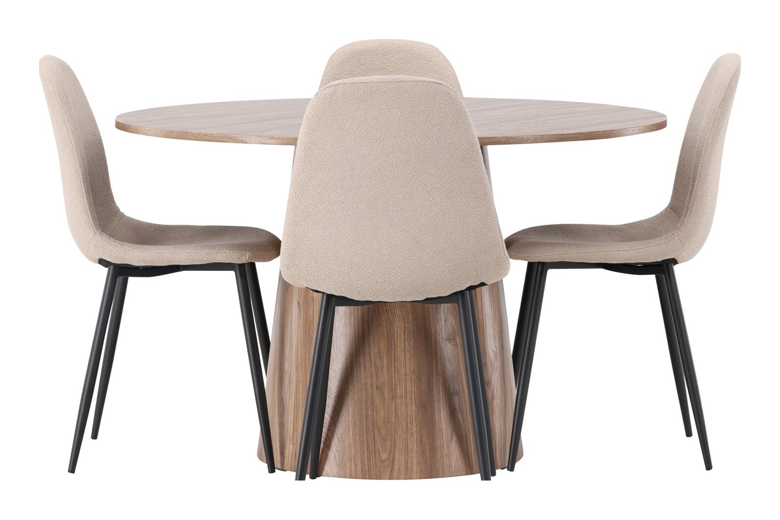 Lanzo og Polar Spisegruppe Lanzo rundt spisebord ø120cm i natur med 4 stk. Polar spisestoler i Beige bouclé og sorte ben.