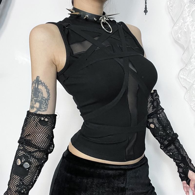 meadowdrop - Mouwloze crop top met col en kruisvormig mesh-paneel