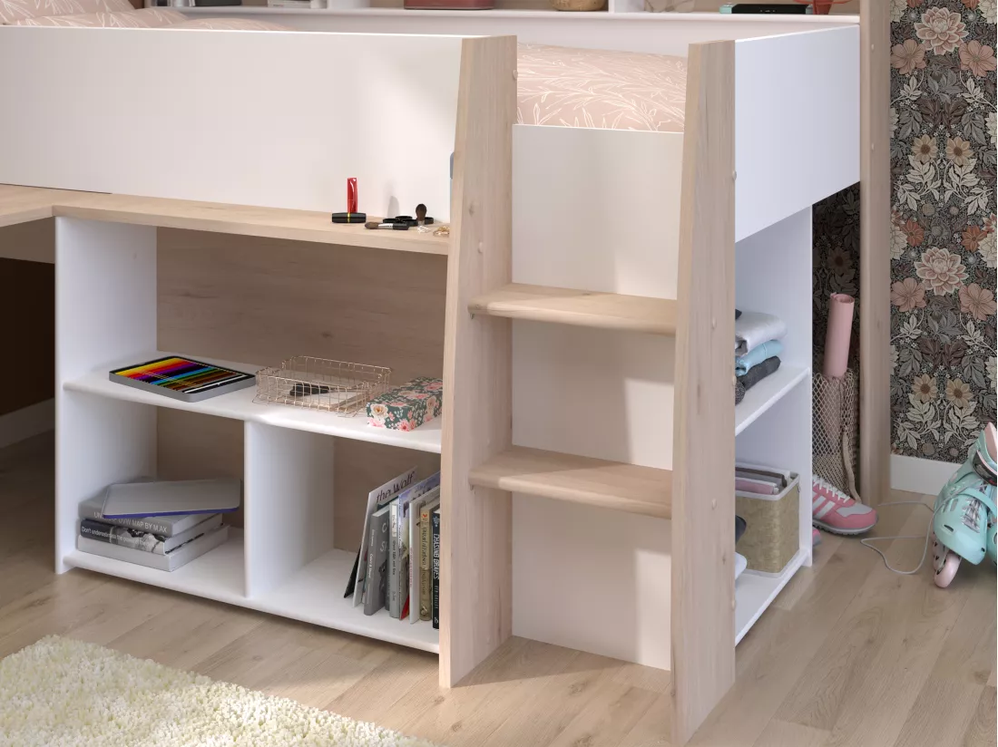 Lit combiné 90 x 200 cm avec bureau et rangements - Blanc et naturel - APOLINO