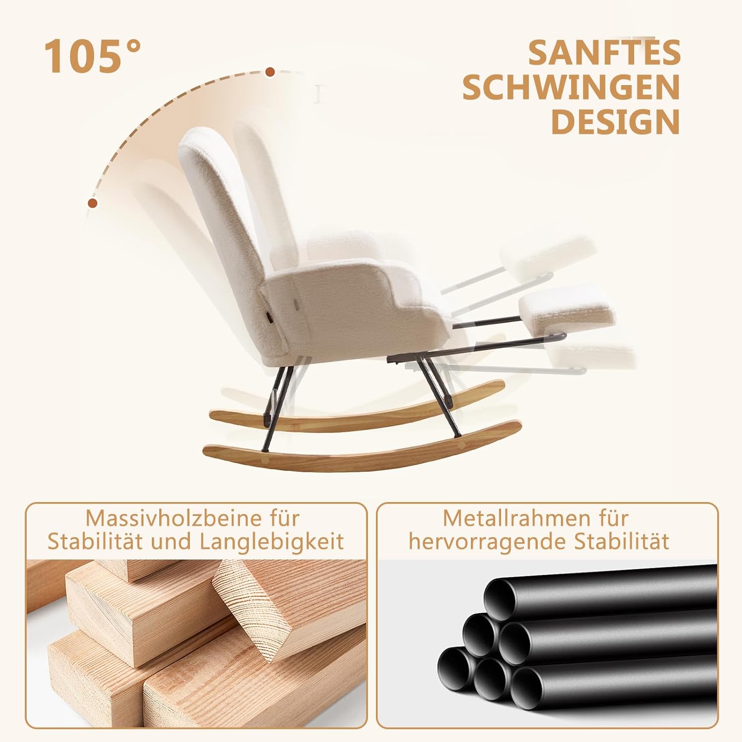 Schaukelstuhl mit Fußstütze, Schaukelsessel mit Fußstütze, Teddystoff Gepolsterter Lesesessel Relaxstuhl Sessel mit Holzkufen für Wohnzimmer Schlafzimmer, Elfenbeinweiß