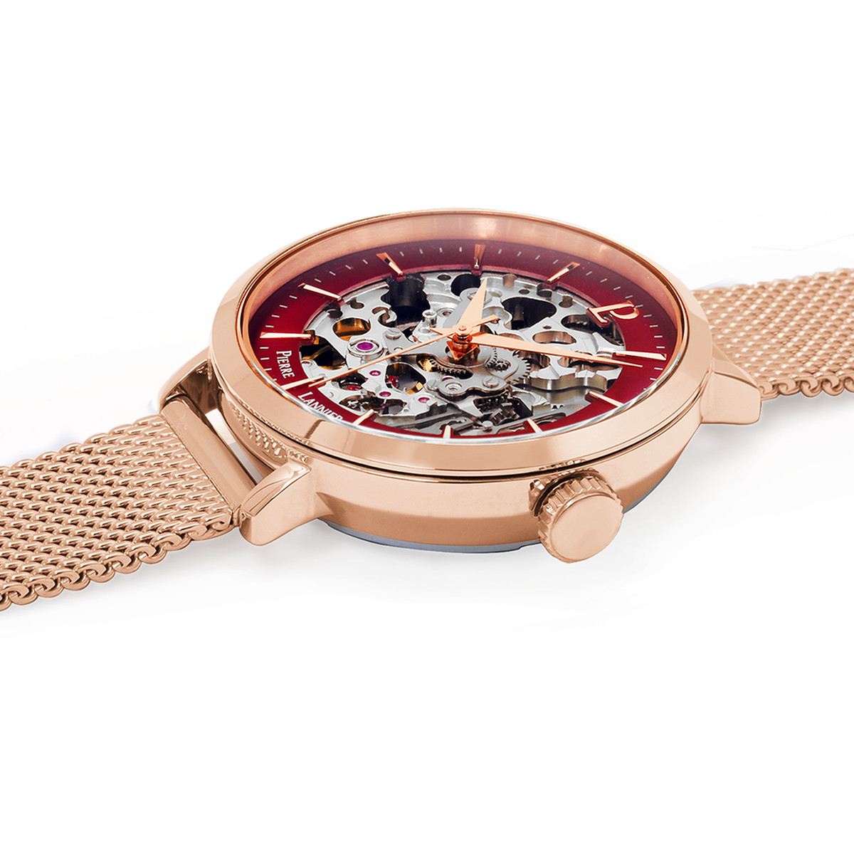 Montre Pierre Lannier femme automatique acier doré rose maille milanaise