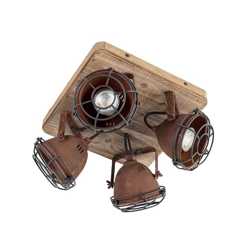 Industriële spot roestbruin met hout kantelbaar 4-lichts - Gina