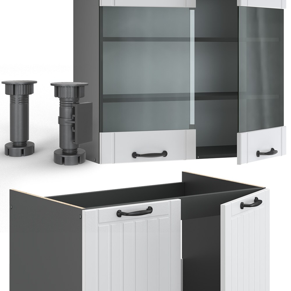 Vicco Küchenzeile Küchenblock Einbauküche Fame-Line Landhaus Anthrazit Weiß 235 cm Küchen Schränke Hängeglasschrank Hängeschrank Schubladenunterschrank Spülenunterschrank Herdumbauschrank