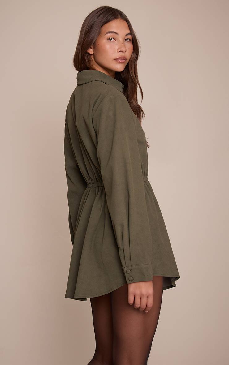 Kaki Robe Courte Cintrée À La Taille En Synthétique Avec Boutonnage