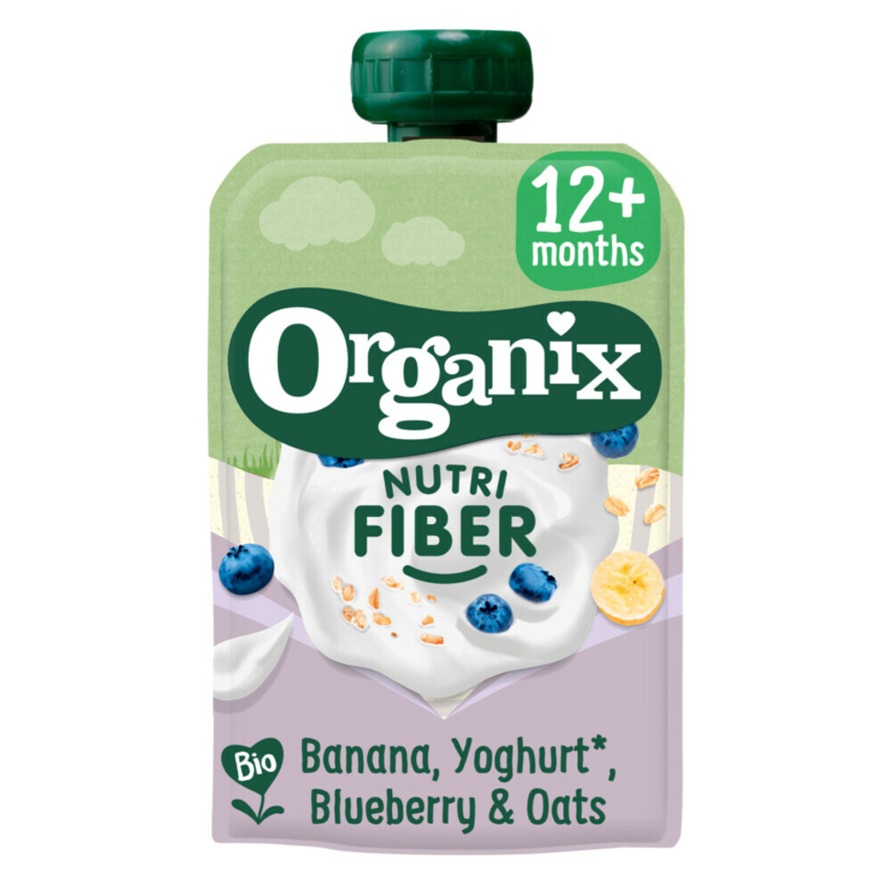 Organix Knijpfruit Box 12+ mnd - Nutri Fiber Mango Yoghurt Banaan 6 x 100 gr + Nutri Fiber Banaan Blauwe Bes Yoghurt 6x 100 gr + Mango, Abrikoos, Wortel & Venkel 6 x 100 gr + Appel Zoete Aardappel & Ananas 6 x 100 gr Pakket