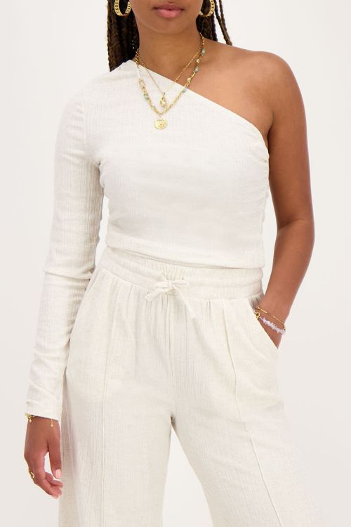 Beige linnen look one-shoulder top