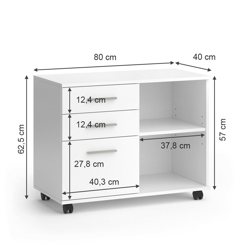 Vicco Rollcontainer Delf Weiß 80 x 40 cm mit 3 Schubladen